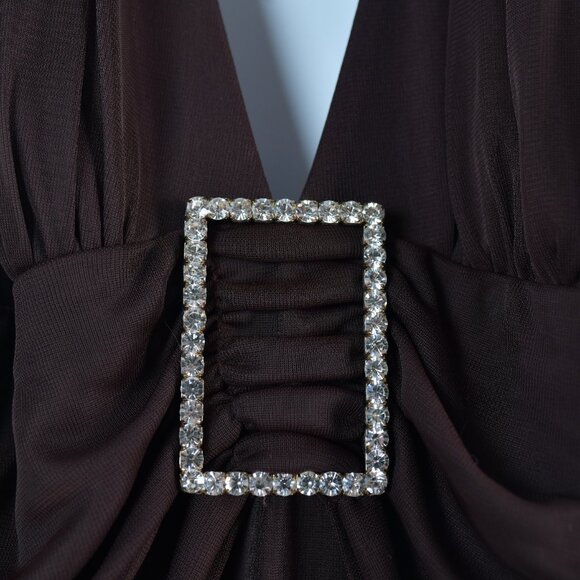 V-Neck Long Gown with center broach, Chocolate Brown - Picture 3 of 6